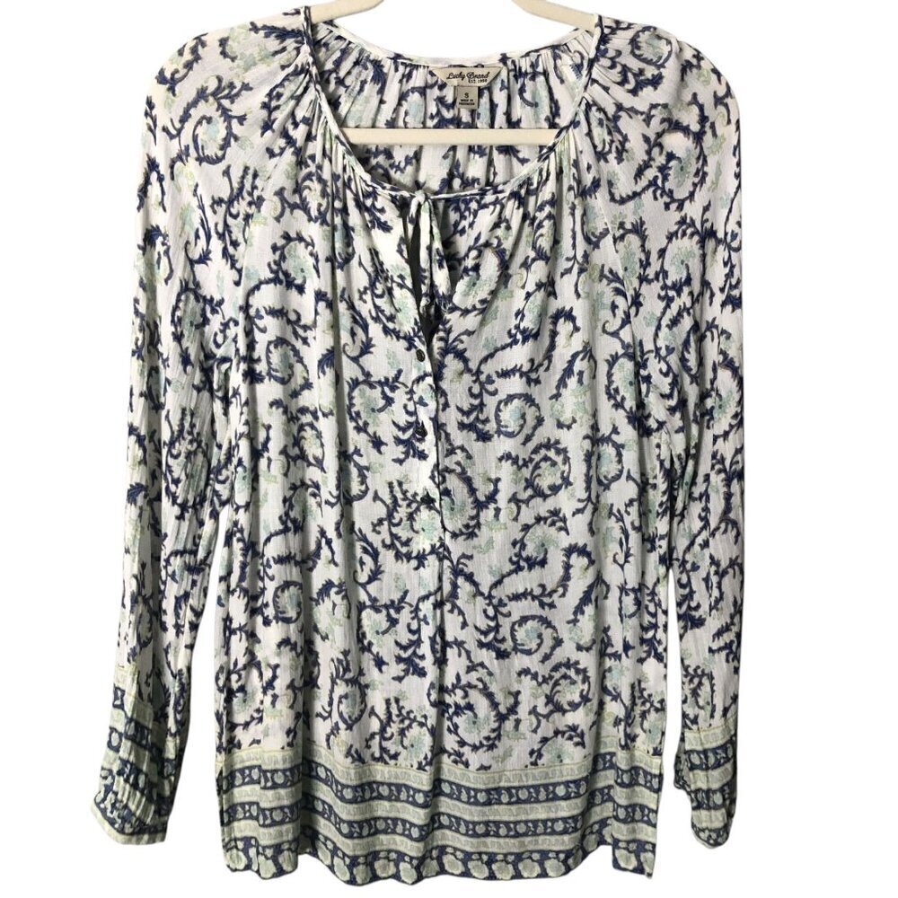 LUCKY BRAND Peasant Blouse Women's size S Ivory & Purple Floral Long Sleeve